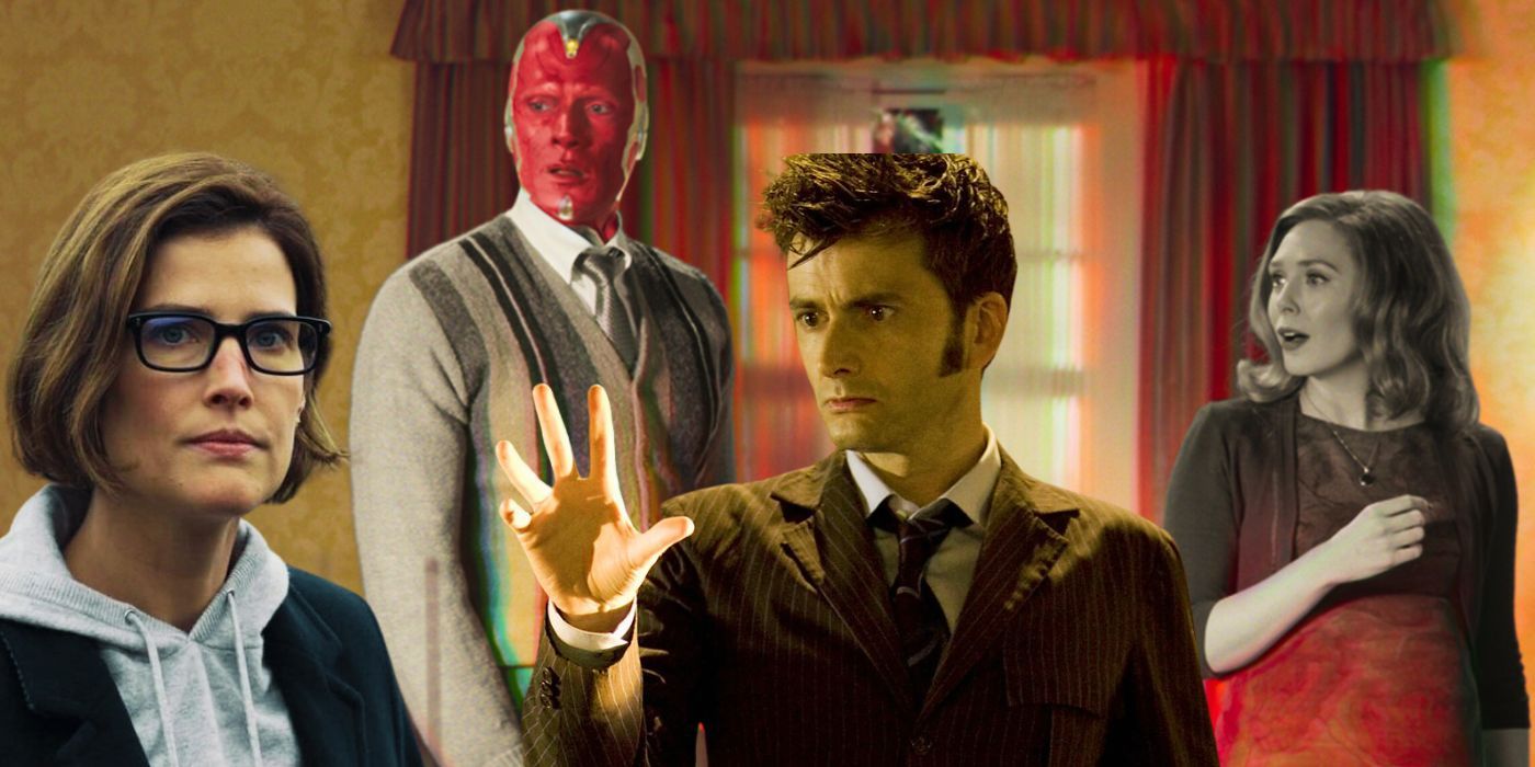 A combined image of Maria Hill in Secret Invasion, Wanda & Vision in WandaVision, and The Doctor in Doctor Who