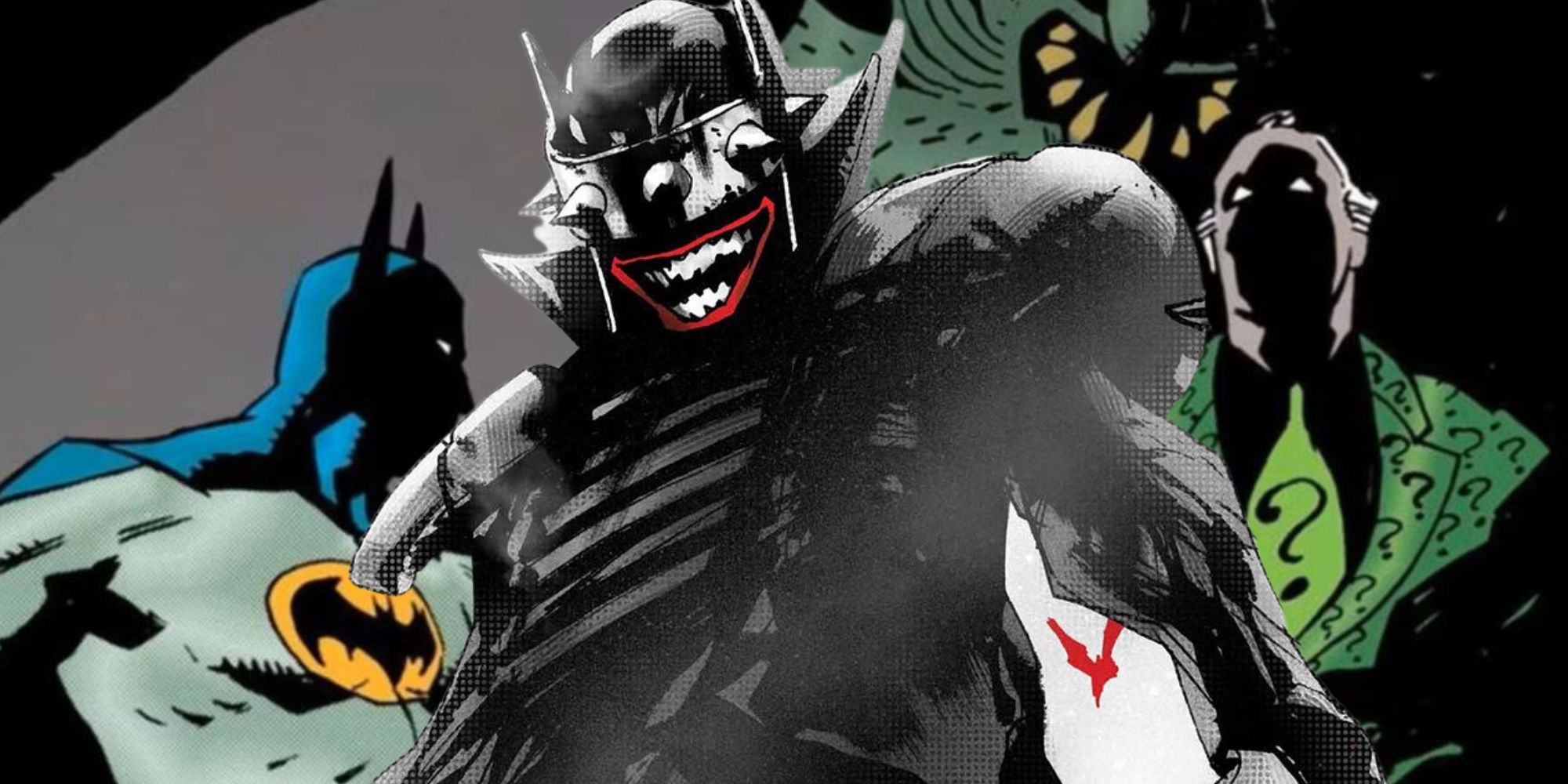 A composite image of Batman, the Batman Who Laughs and The Riddler in DC Comics