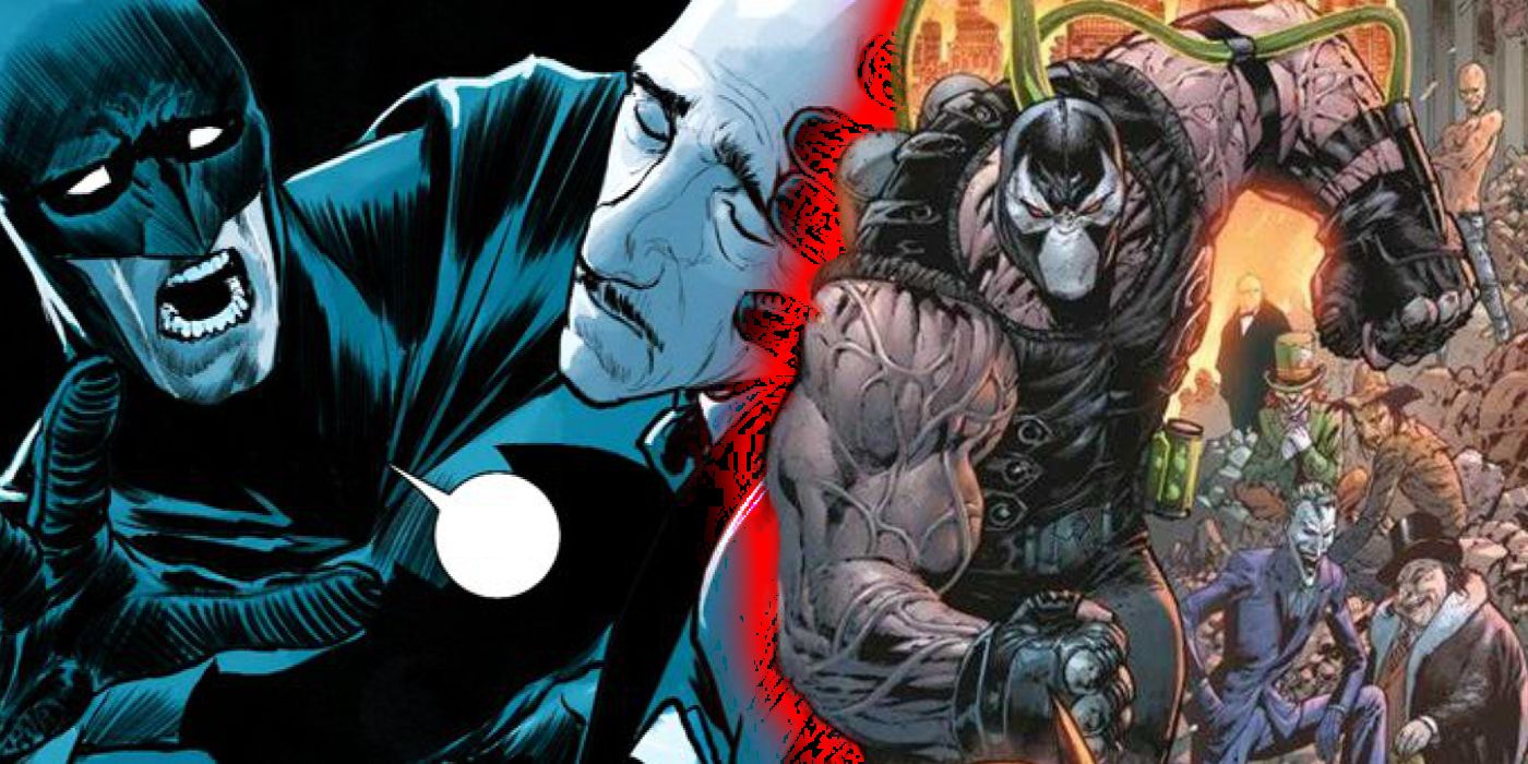 A split image of batmant alfred and bane from city of bane