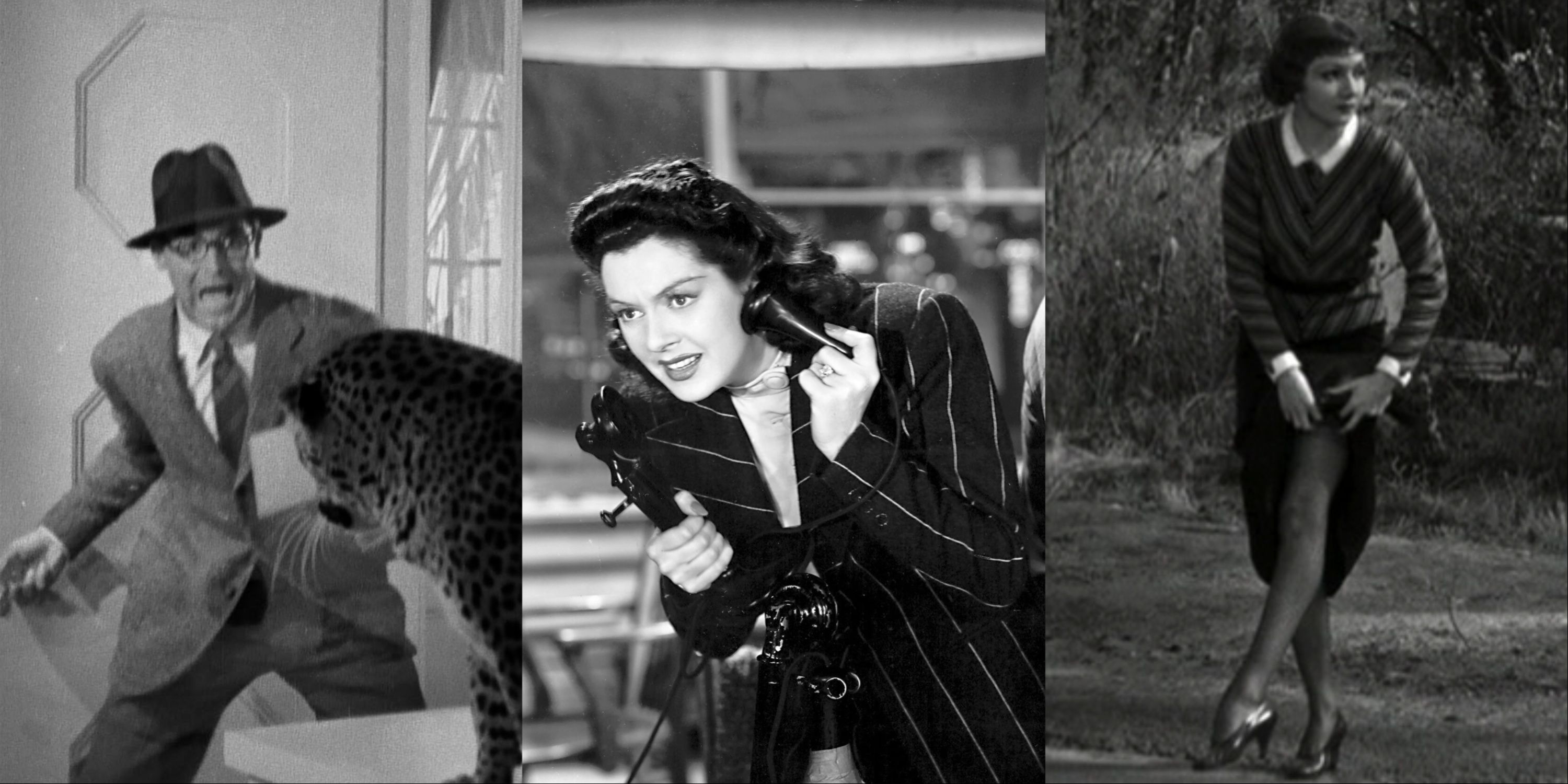 A split image of Cary Grant in Bringing Up Baby, Rosalind Russell in His Girl Friday, and Claudette Colbert in It Happened One Night