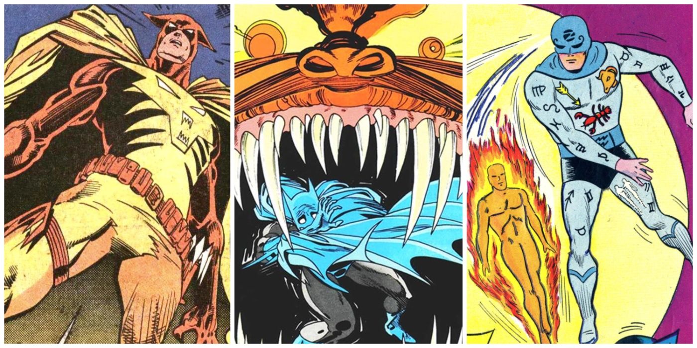 A split image of Catman, Cornelius Stirk, and Zodiac Master from Batman
