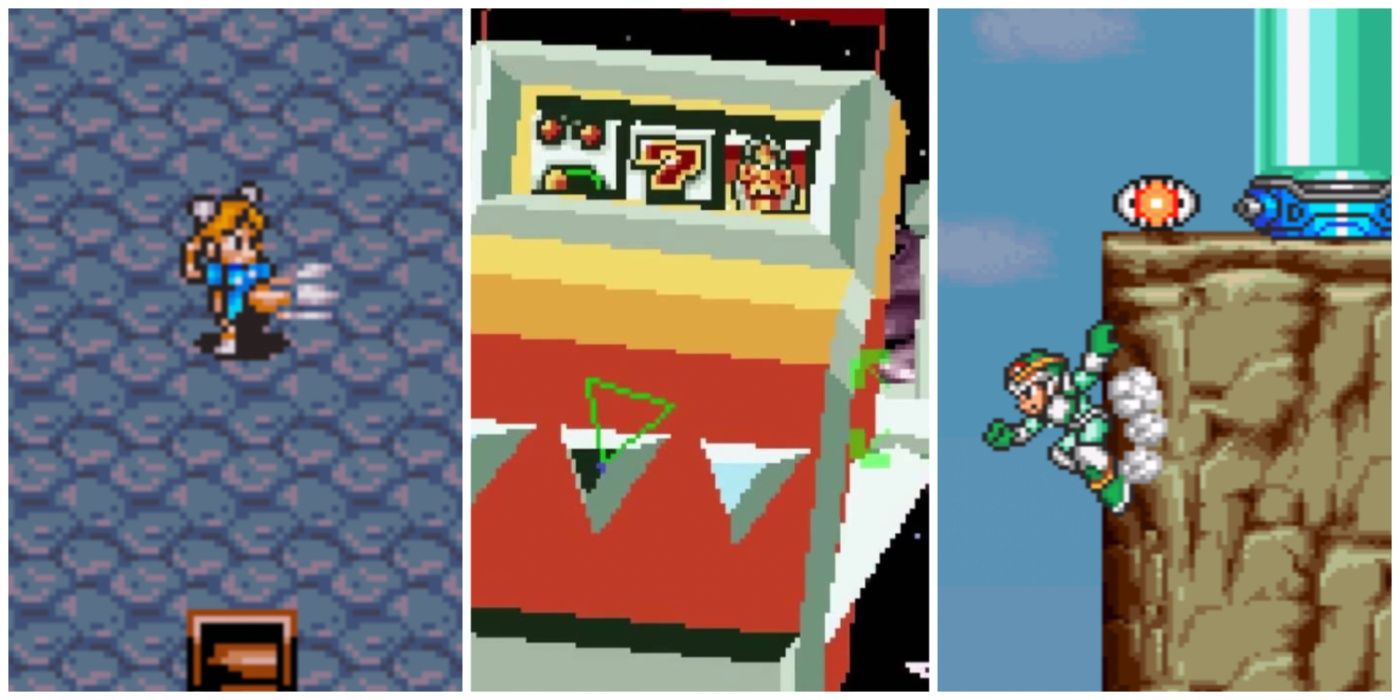 A split image of Chun Li in Breath of Fire, Slot Machine from Star Fox, and Hadouken from Mega Man X