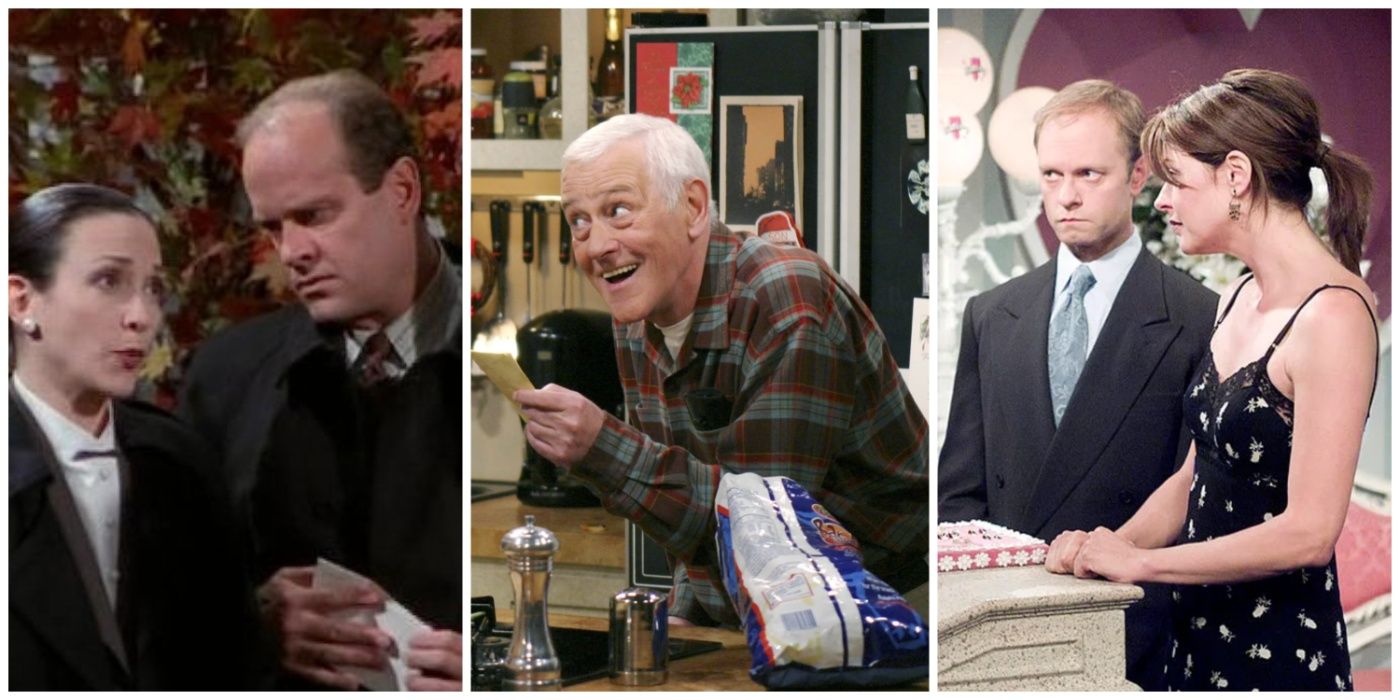 A split image of Frasier and Lilith, Martin Crane, ,and Niles and Daphne from Frasier