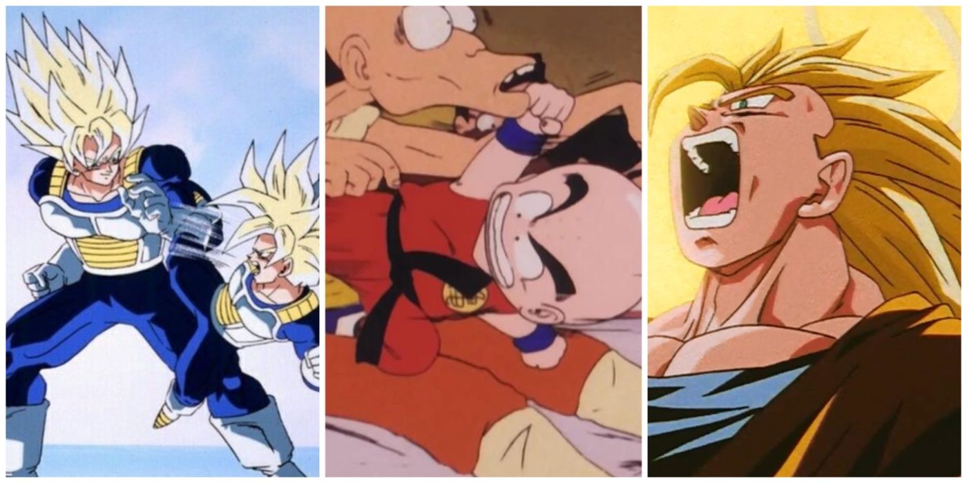A split image of Goku and Gohan training, Krillin in a tournament, and Goku transforming in Dragon Ball