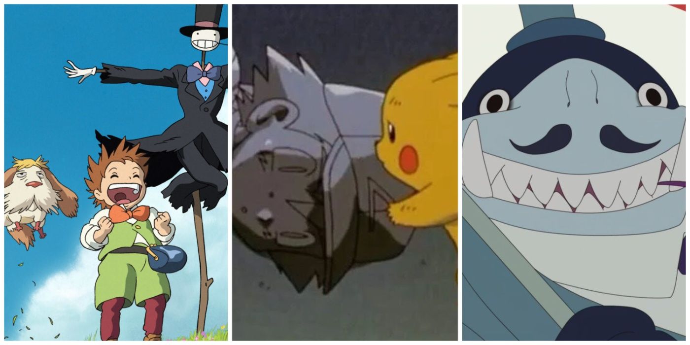 A split image of Howl's Moving Castle Pokemon The First Movie, and Lu Over The Wall