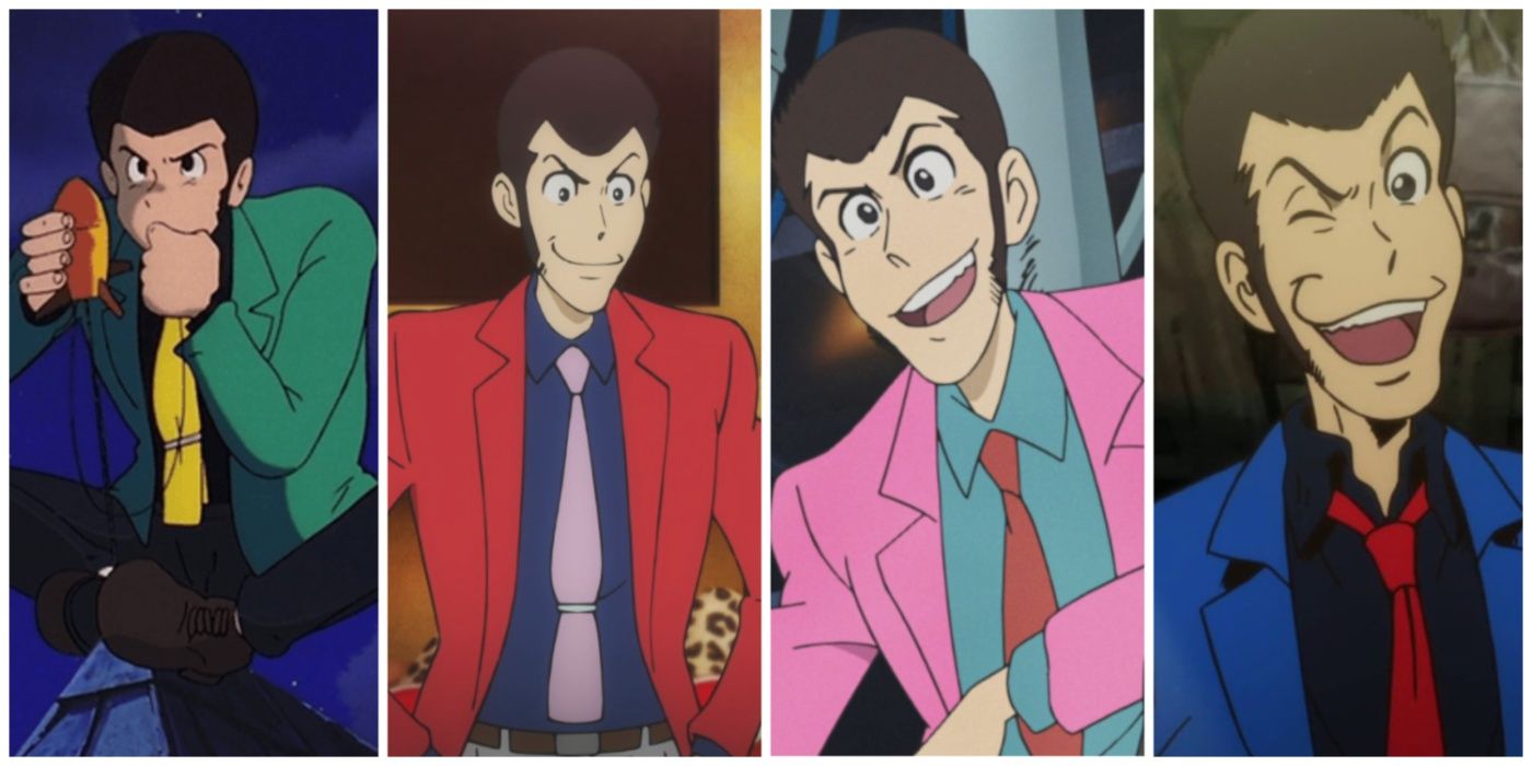 A split image of Lupin's green, red, pink, and blue jackets from Lupin III
