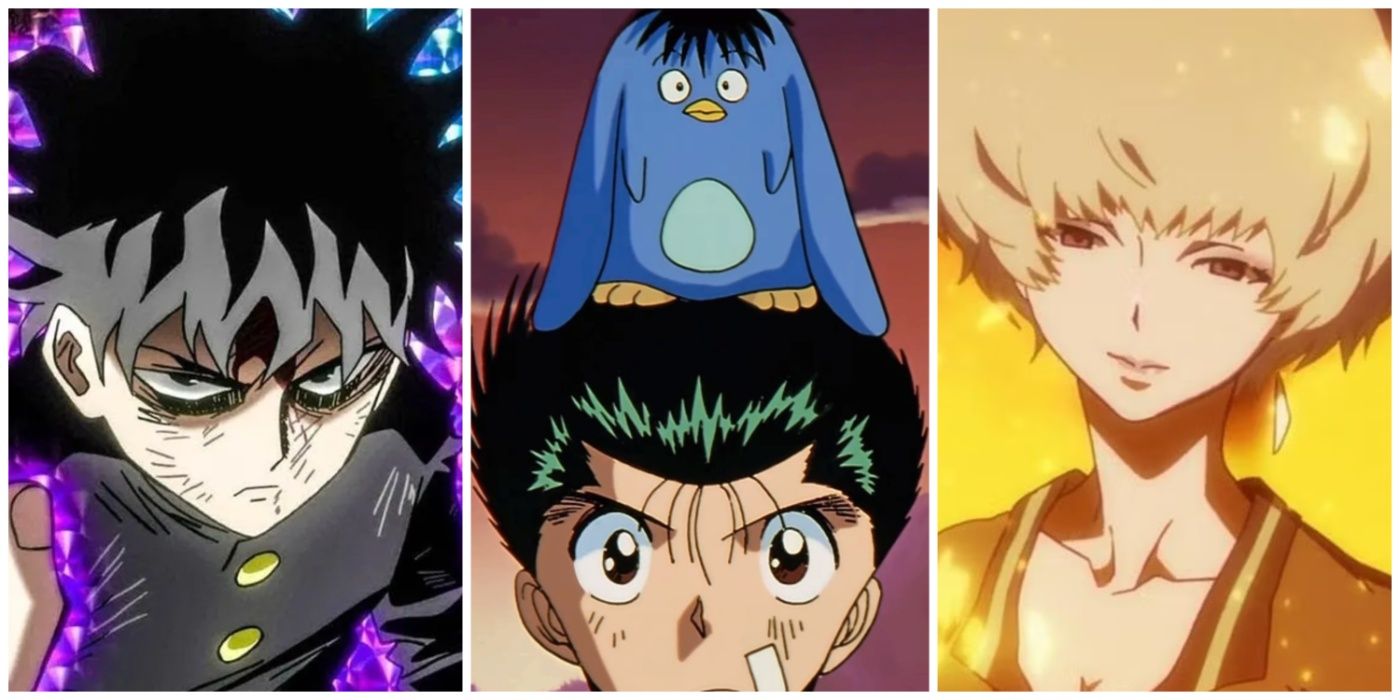 A split image of Mob from Mob Psycho 100, Yusuke from Yu Yu Hakusho, and 11 from Terror in Resonance
