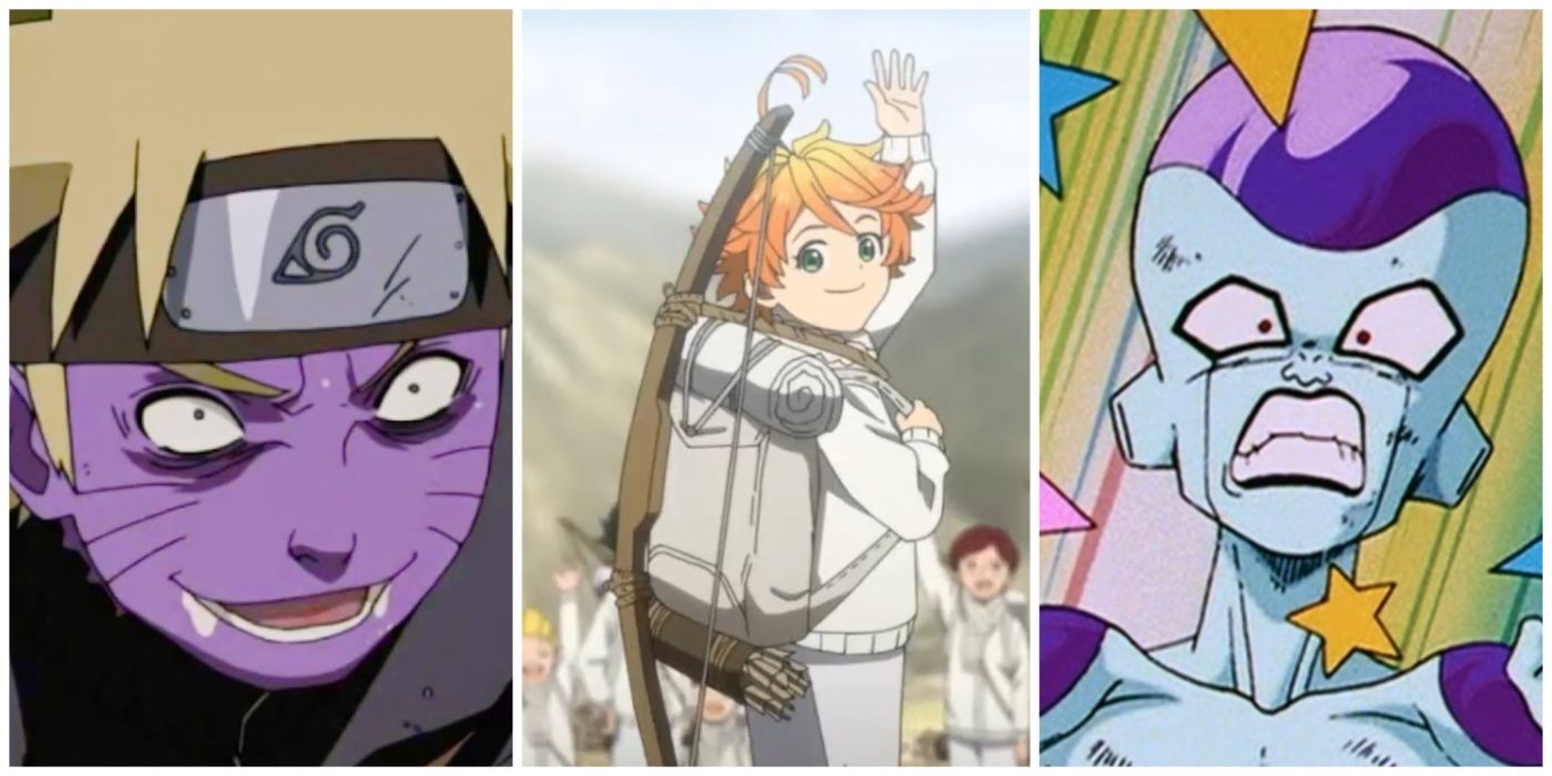A split image of Naruto from Naruto, Emma from Promised Neverland, and Frieza from Dragon Ball Z