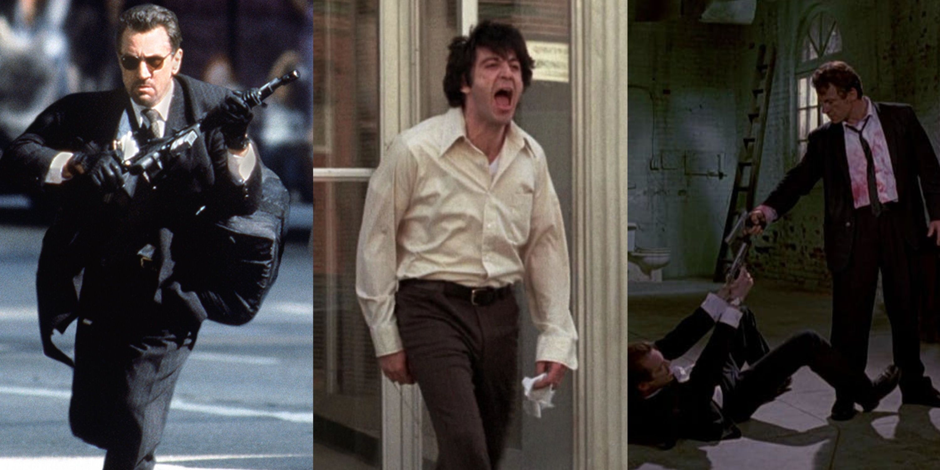 A split image of Robert De Niro in Heat, Al Pacino in Dog Day Afternoon, and Harvey Keitel in Reservoir Dogs