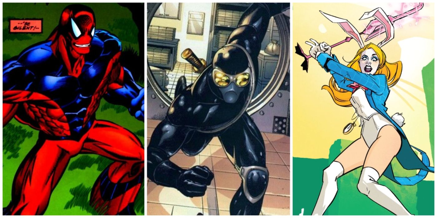 A split image of Spidercide, Slyde, and White Rabbit from Spider-Man