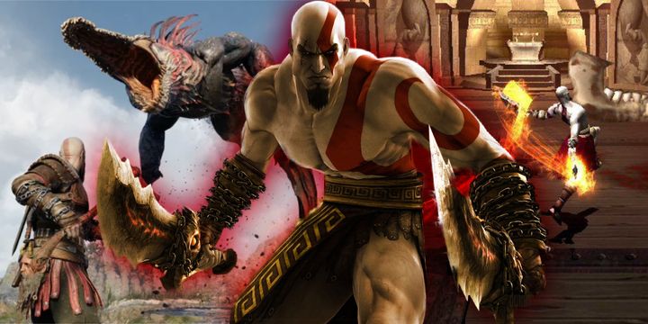 A collage of Kratos from the old God of War trilogy and the newer God of War games