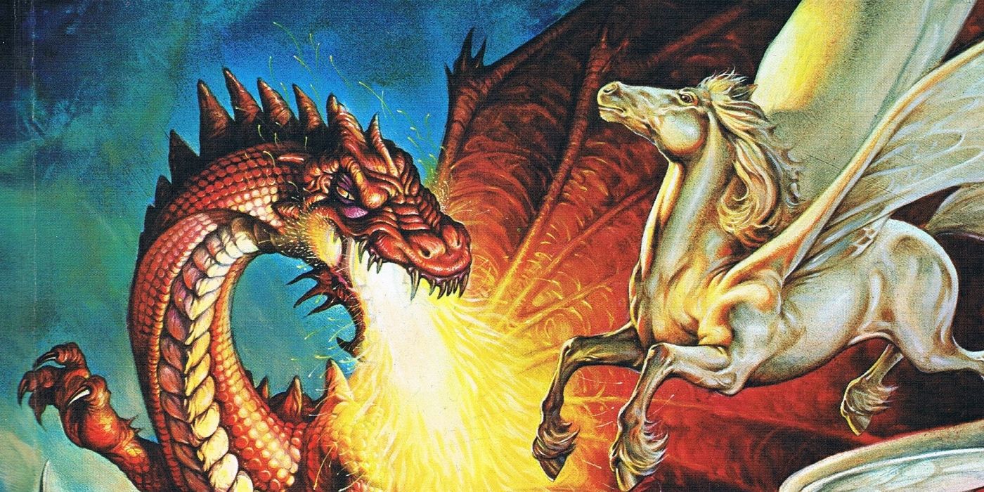 Um dragão cuspindo fogo em um pégaso na capa de Advanced Dungeons & Dragons DnD