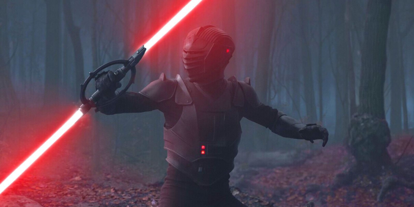 An Inquisitor with a double-bladed lightsaber