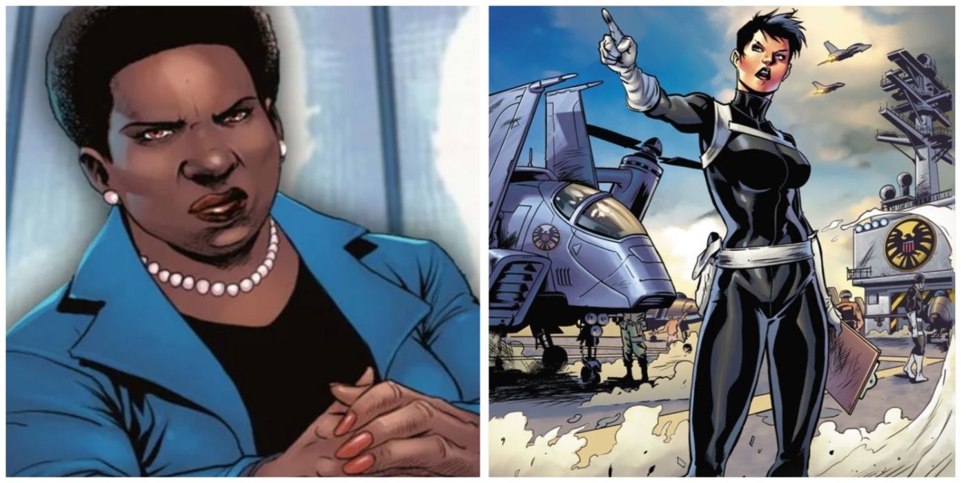 A split image of Amanda Waller in DC Comics and Maria Hill leading SHIELD in Marvel Comics