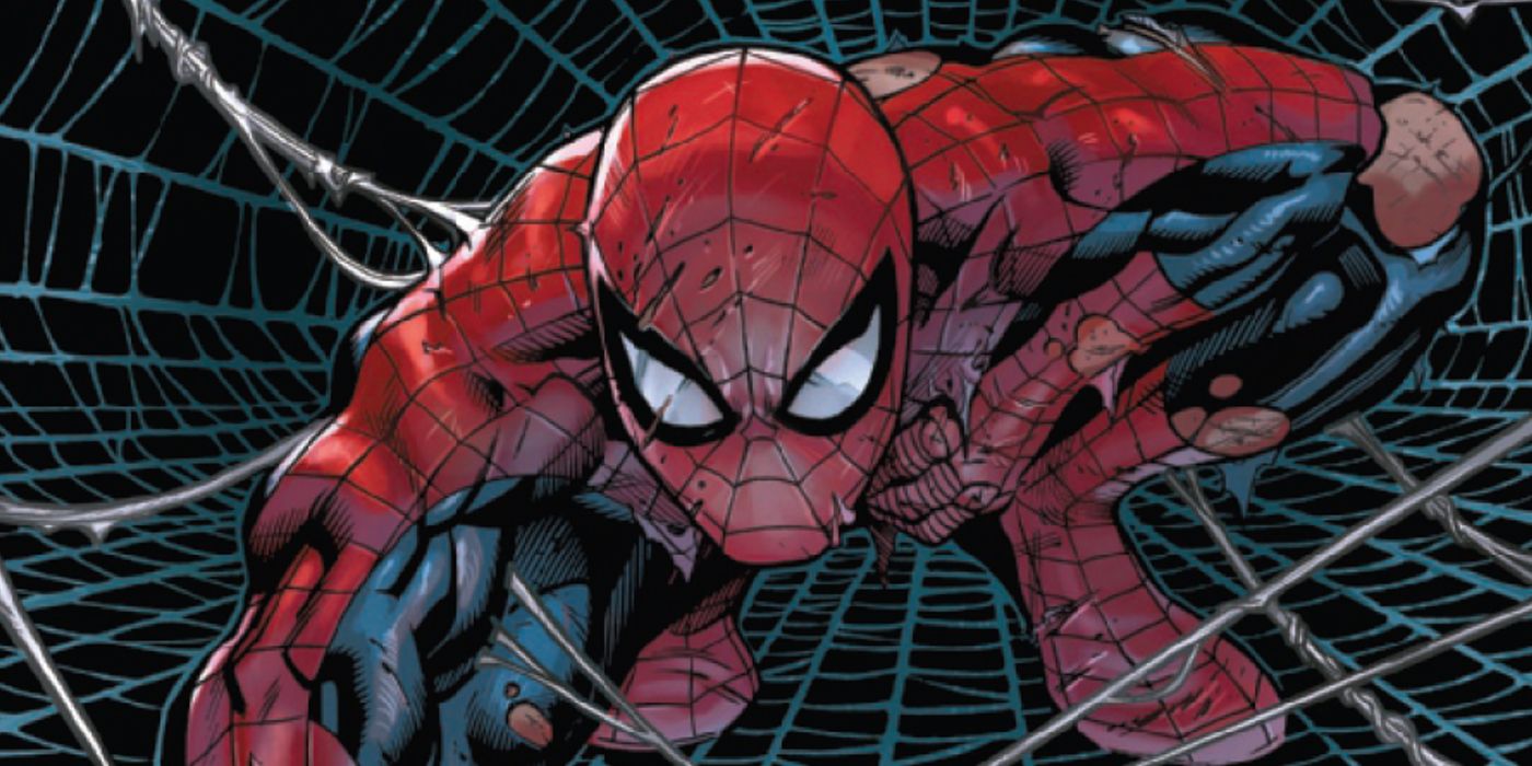 Spider-Man in a tattered costume crawling toward the audience against a webbed background