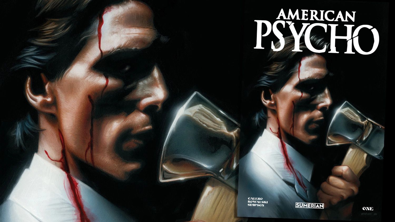 Uma capa variante para a edição nº 1 da adaptação em quadrinhos American Psycho da Sumerian.