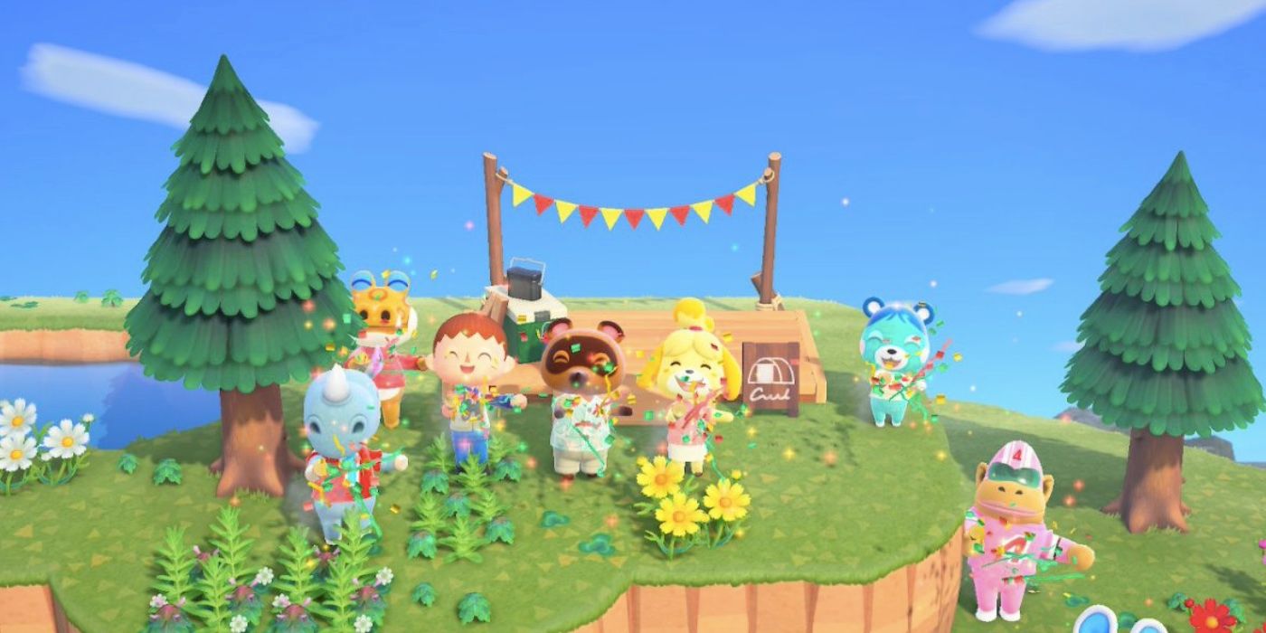 Villagers in Animal Crossing: New Horizons celebrating a new campsite