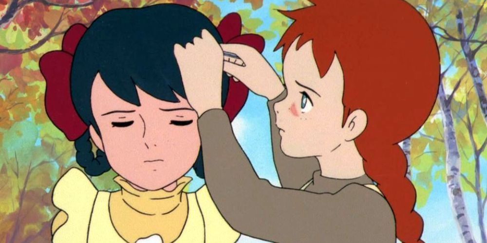 Anne helping Diana with her hair in Anne of Green Gables anime