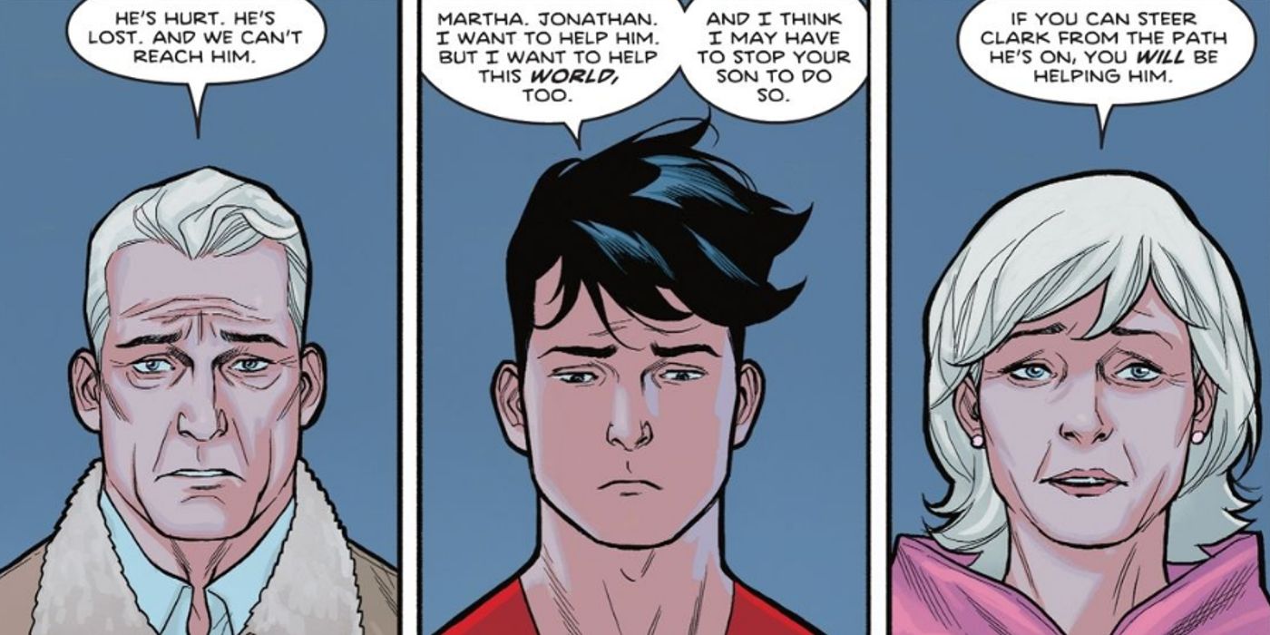 jon e martha kent explicando ao jon kent superman mais jovem como o clark deles caiu