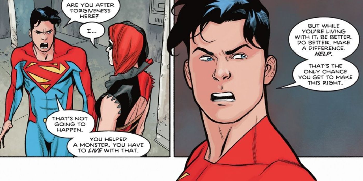 jon kent se recusando a aceitar o pedido de desculpas oferecido pela harley quinn da linha do tempo da injustiça