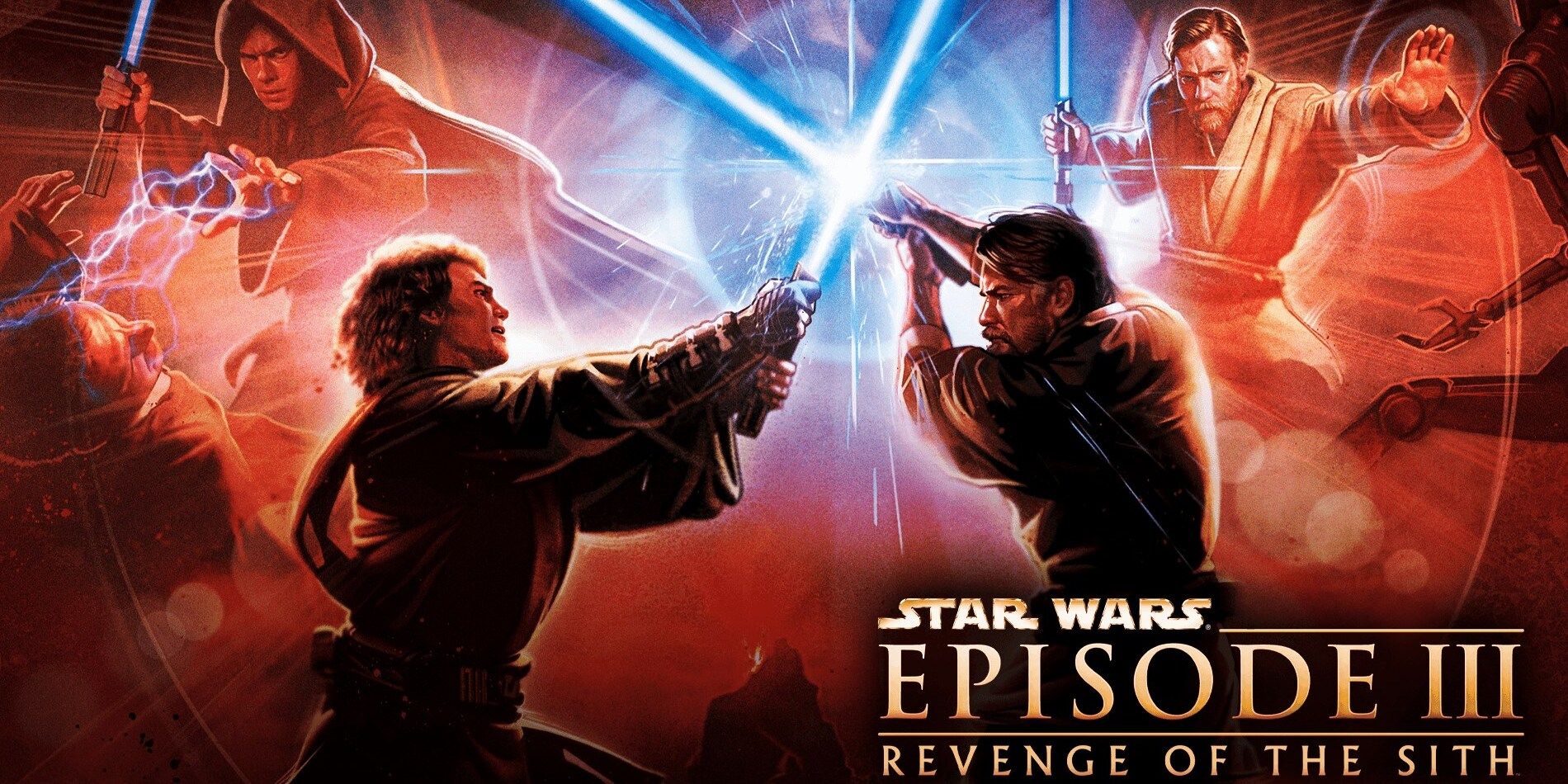 Kenobi and Skywalker clash in a duel on the cover art for Revenge of the Sith game