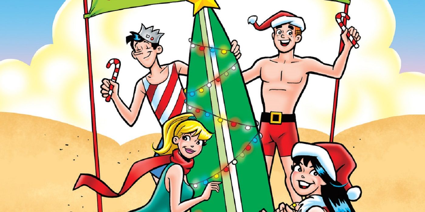 Archie and the gang decorate a surfboard like a Christmas tree