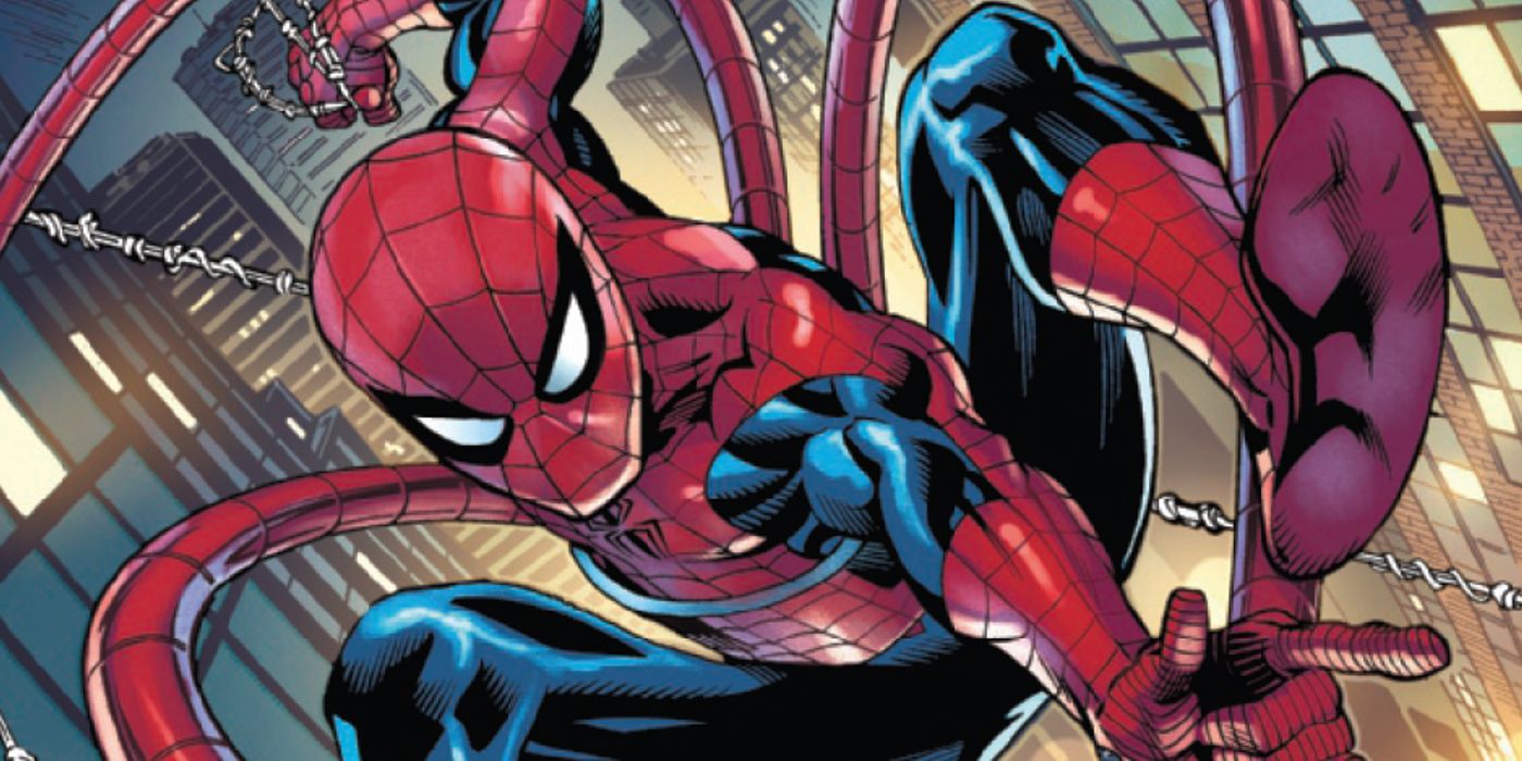 spider-man sporting a set of dock ock's old tentacles, painted red to match his suit