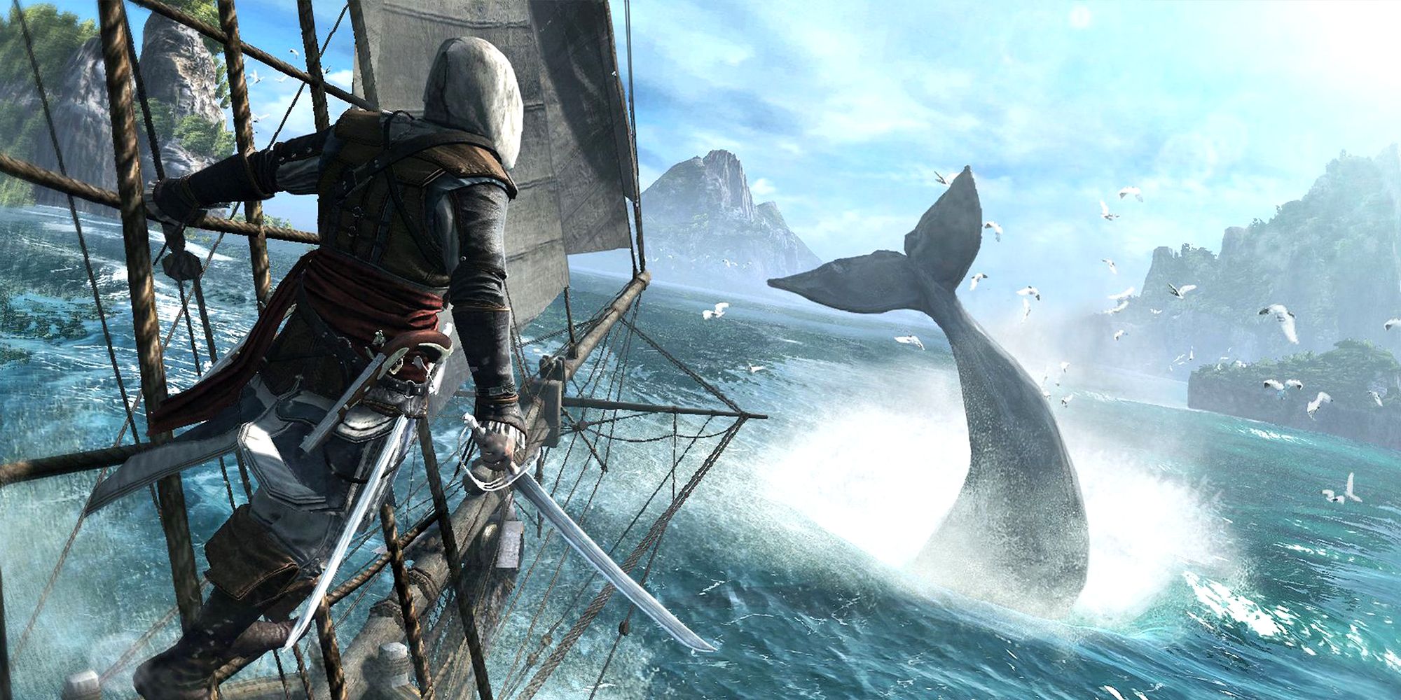 Assassin's Creed IV Black Flag Edward Kenway testemunhando mergulho de baleia