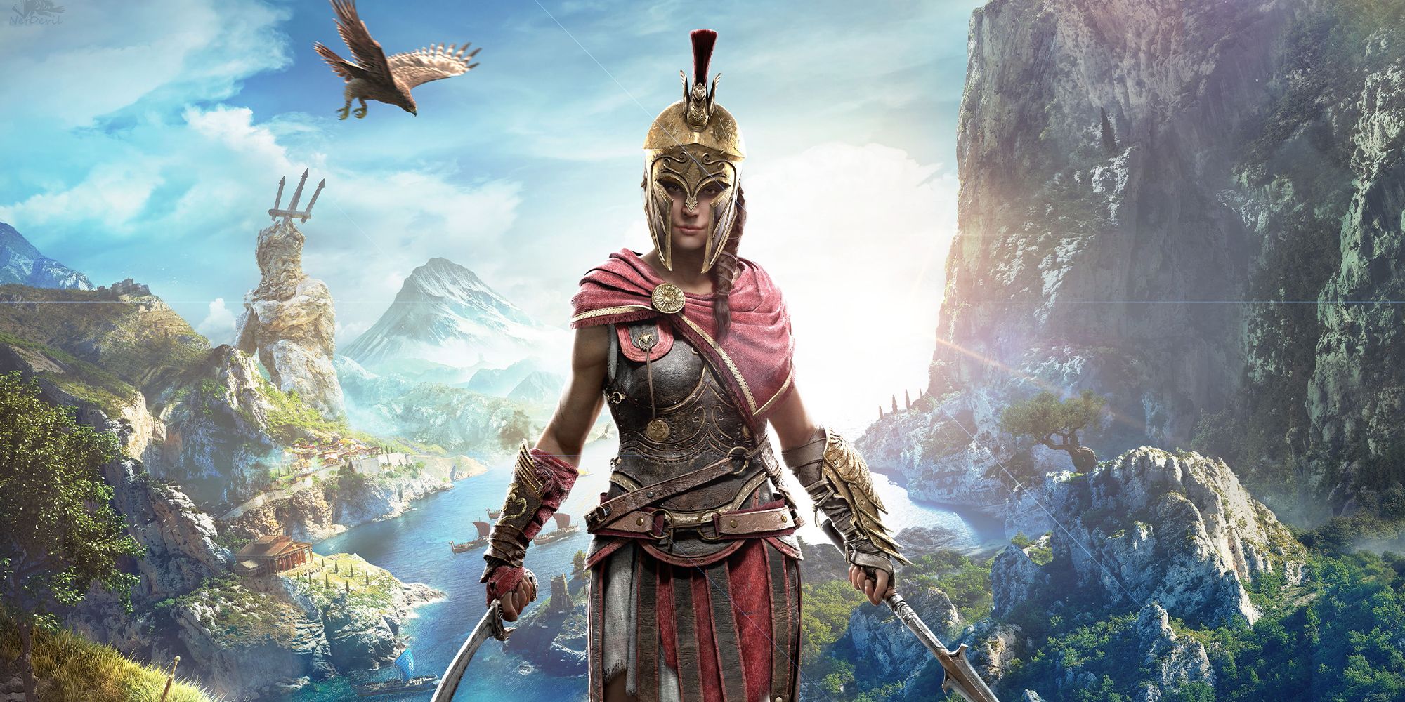 Assassin's Creed Odyssey Kassandra dressed in armor in front of landscape