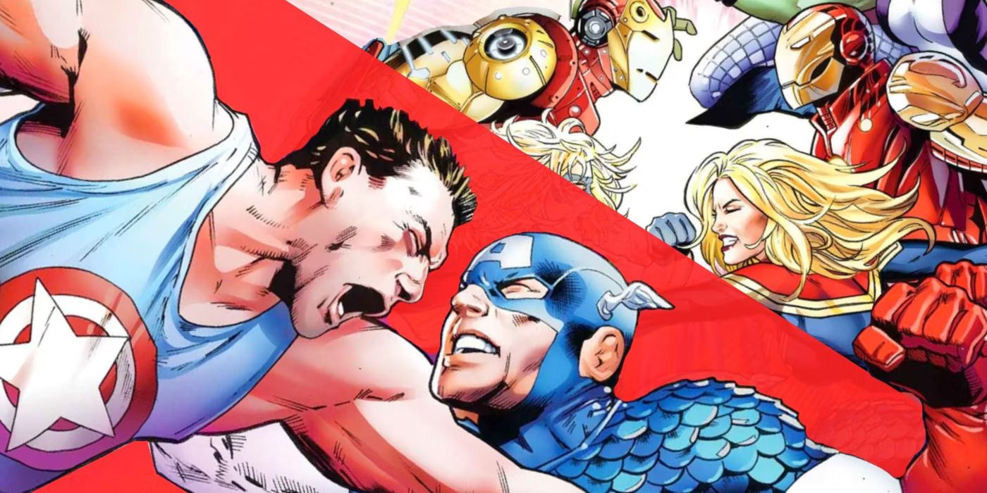 A split image of the Avengers facing off against the Bootleg Avengers in Marvel Comics