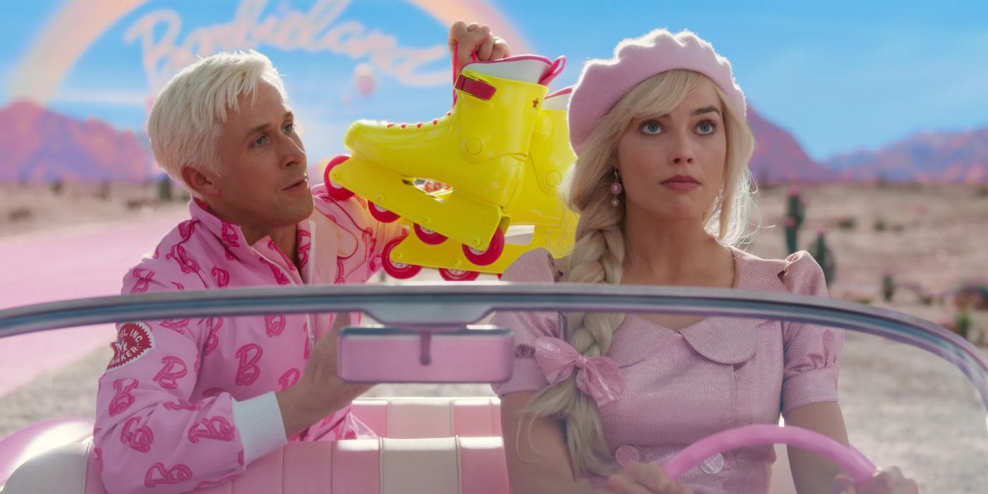 A scene from 2023's Barbie shows Ken holding roller skates while Barbie drives