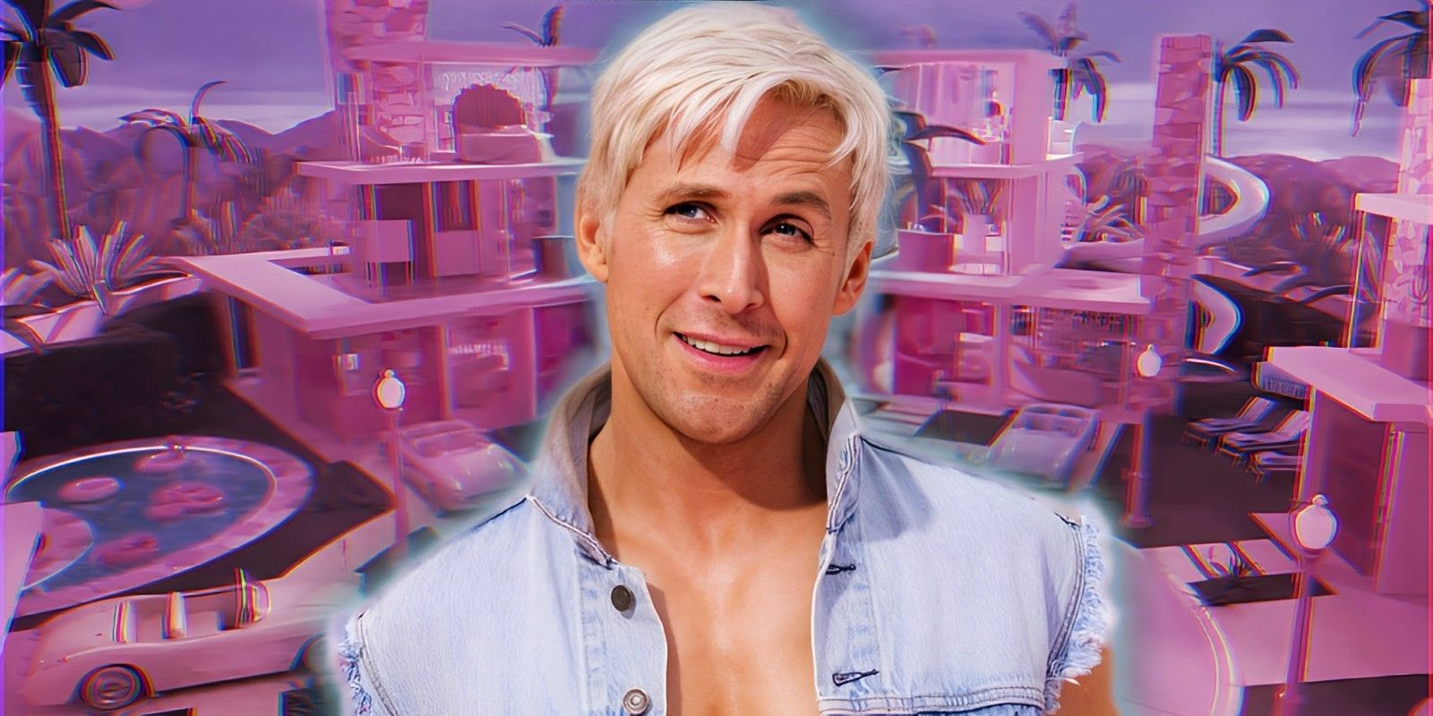 Ryan Gosling’s Ken smirking in front of Barbie’s pink paradise Dreamhouses of Barbieland.