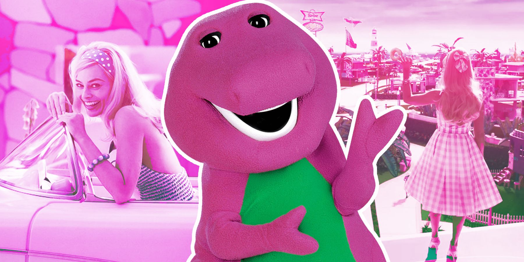 Barney the Dinosaur in front of scenes from 2023's Barbie
