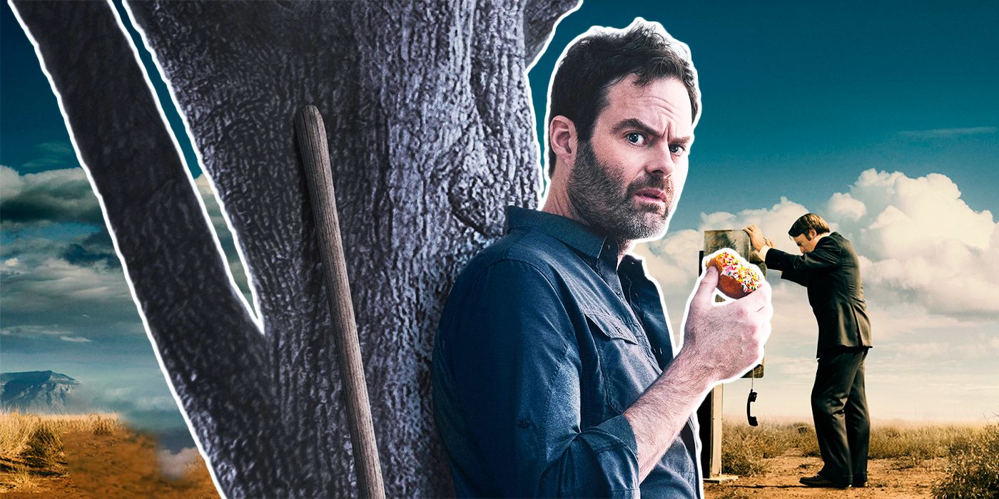 Bill Hader's Barry eating a donut next to a tree in front of Saul Goodman in the desert