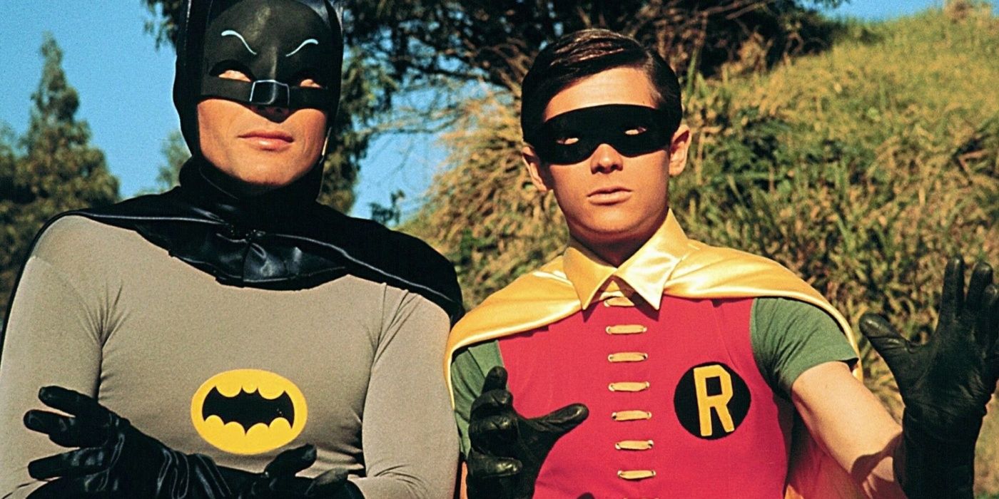 Adam West e Burt Ward e Batman e Robin no programa de TV de 1966.