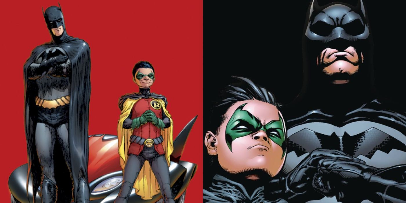 Imagem dividida de Dick Grayson e Bruce Wayne como Batman com Damian como Robin, respectivamente.