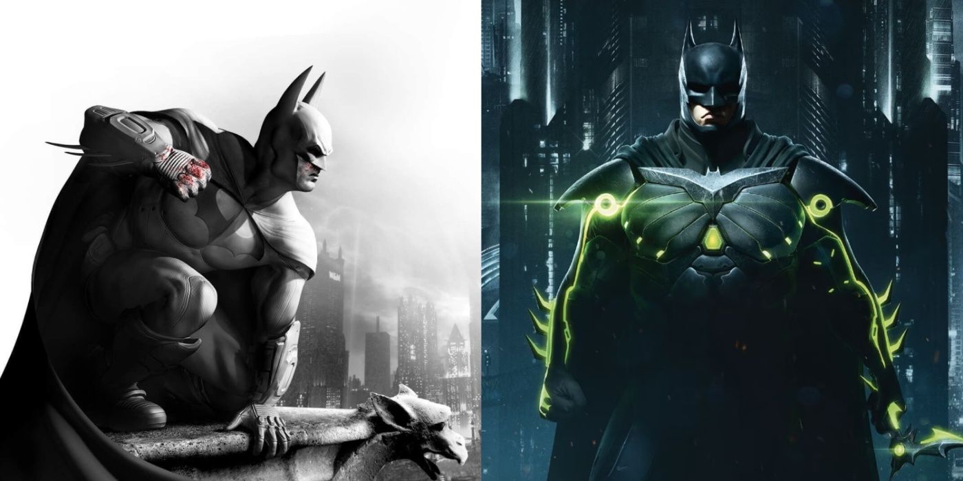 Split image of Batman in Arkham City and Injustice 2 key art.