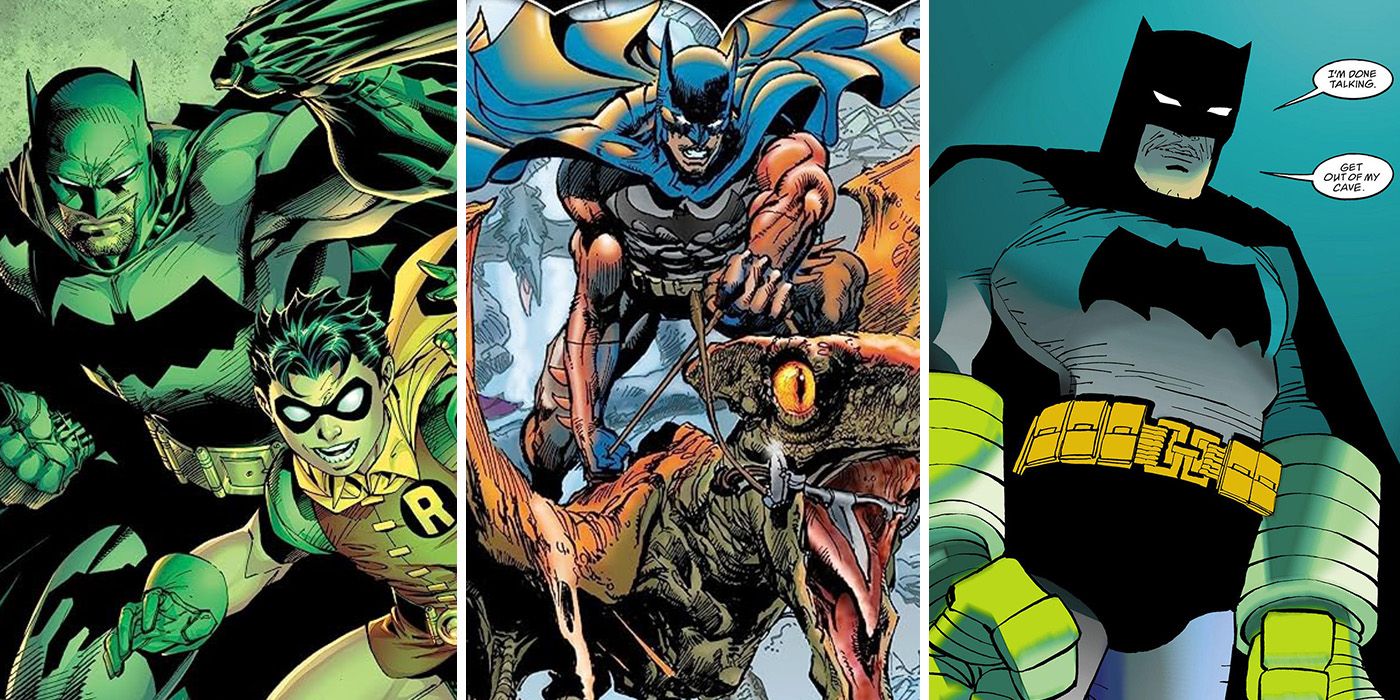 split image: All-Star Batman and Robin, Batman riding a pterodactyl, and Dark Knight Strikes Again Batman