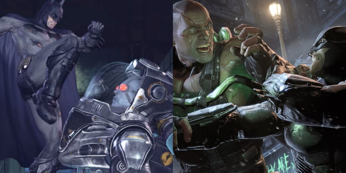 Split image of Batman fighting Mr. Freeze and Bane in Arkham City and Origins.