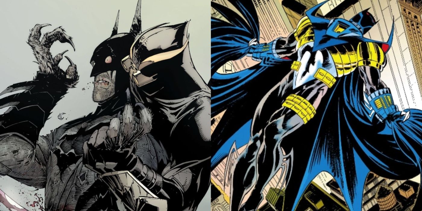 Split image of Batman being stabbed by Talon and Azrael in his modified Batsuit.