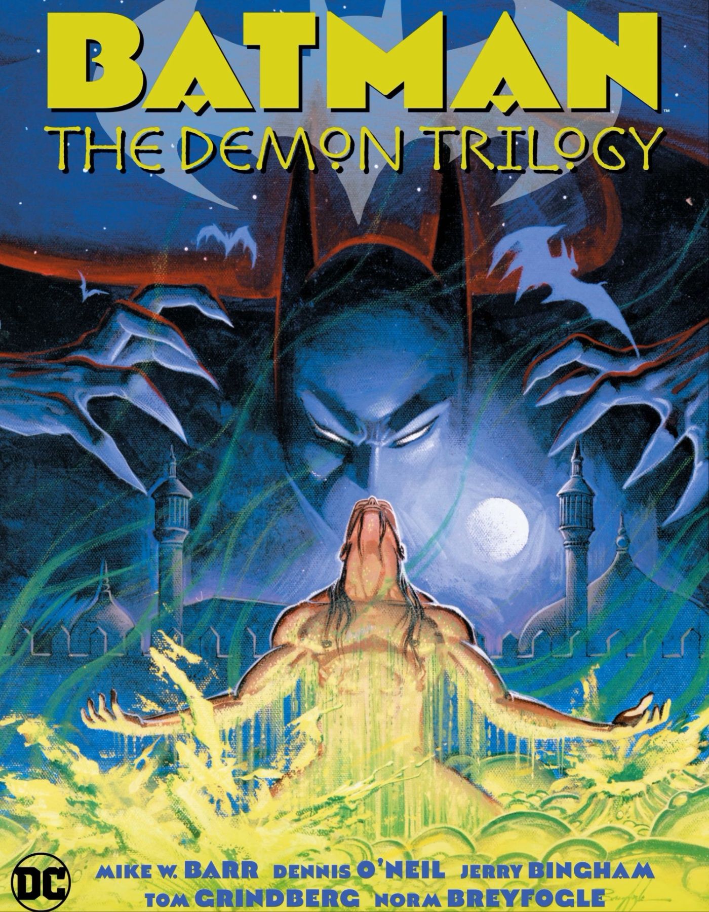 Ra's al Ghul emerging from the Lazarus Pit as Batman looms menacingly overhead.