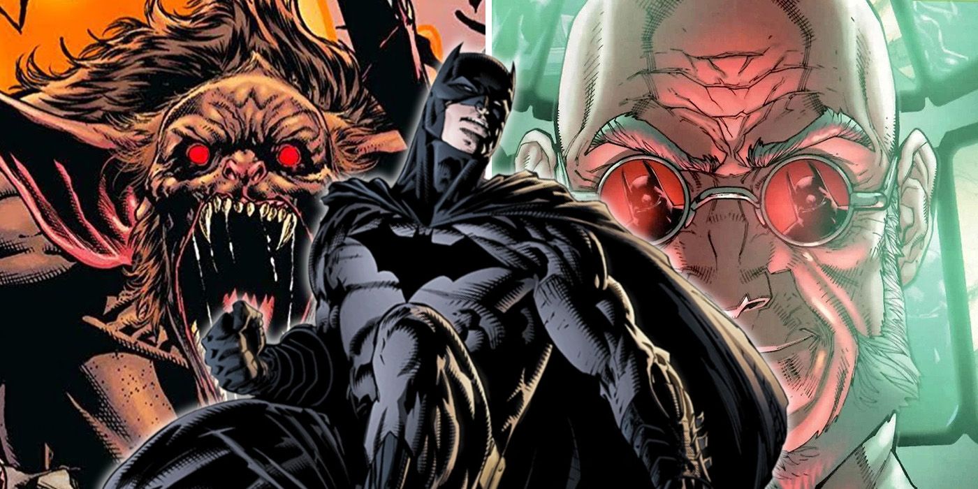 split image: Man-Bat, Hugo Strange and Batman from DC Comics