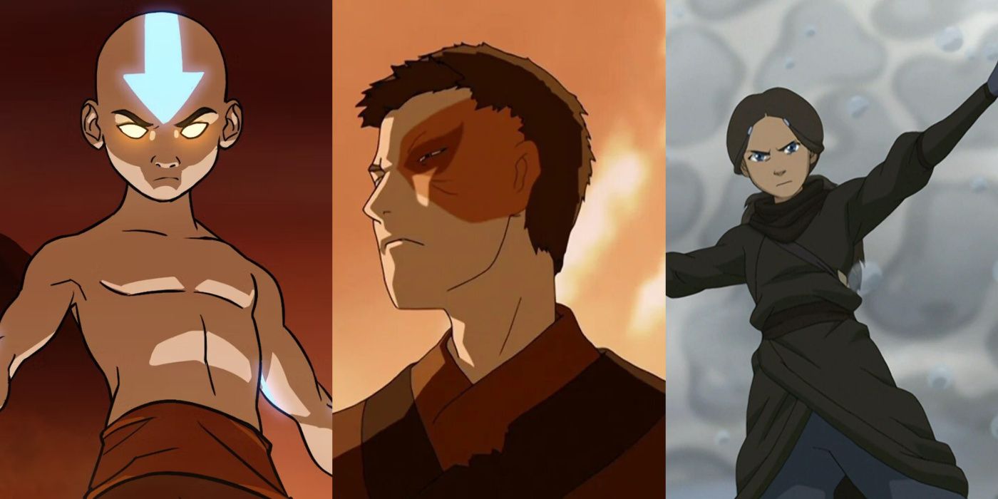 Images of Aang in the Avatar State (left), Zuko looking serious (center), and Katara waterbending (right) in Avatar: the Last Airbender