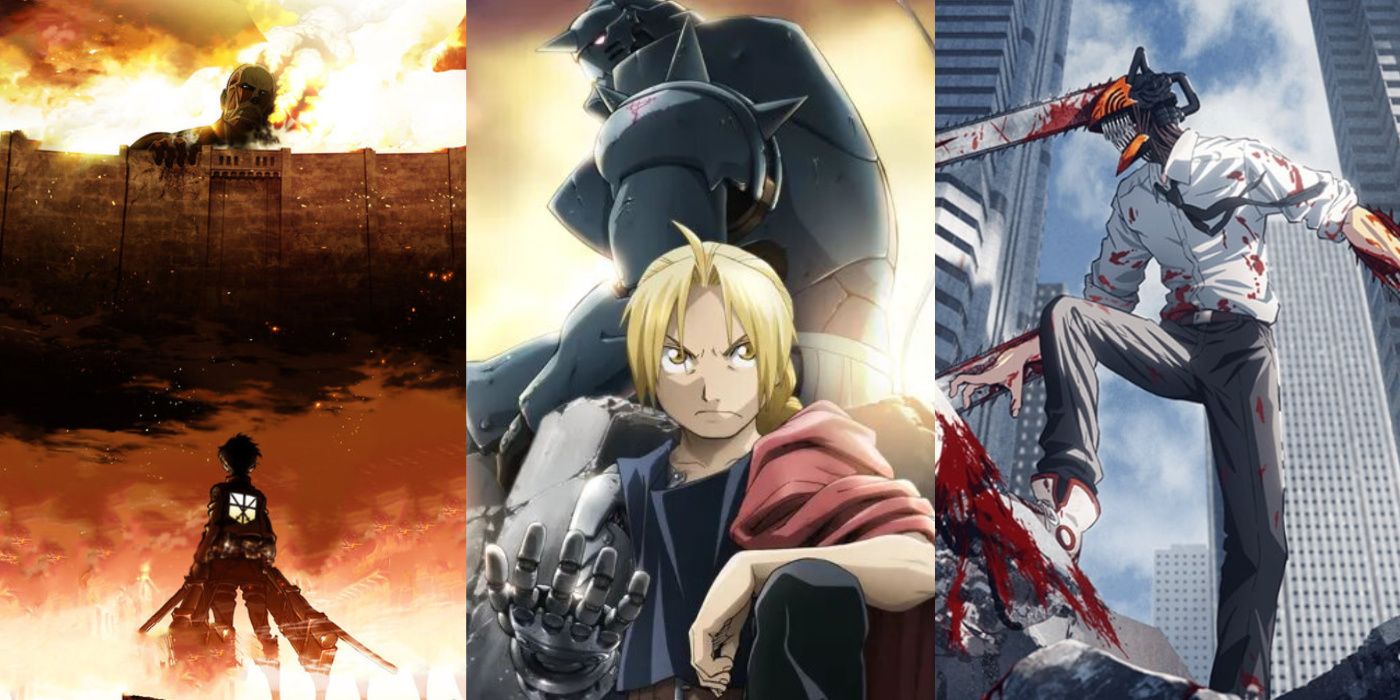 Promo images from Attack on Titan (left), Fullmetal Alchemist (center), and Chainsaw Man (right)