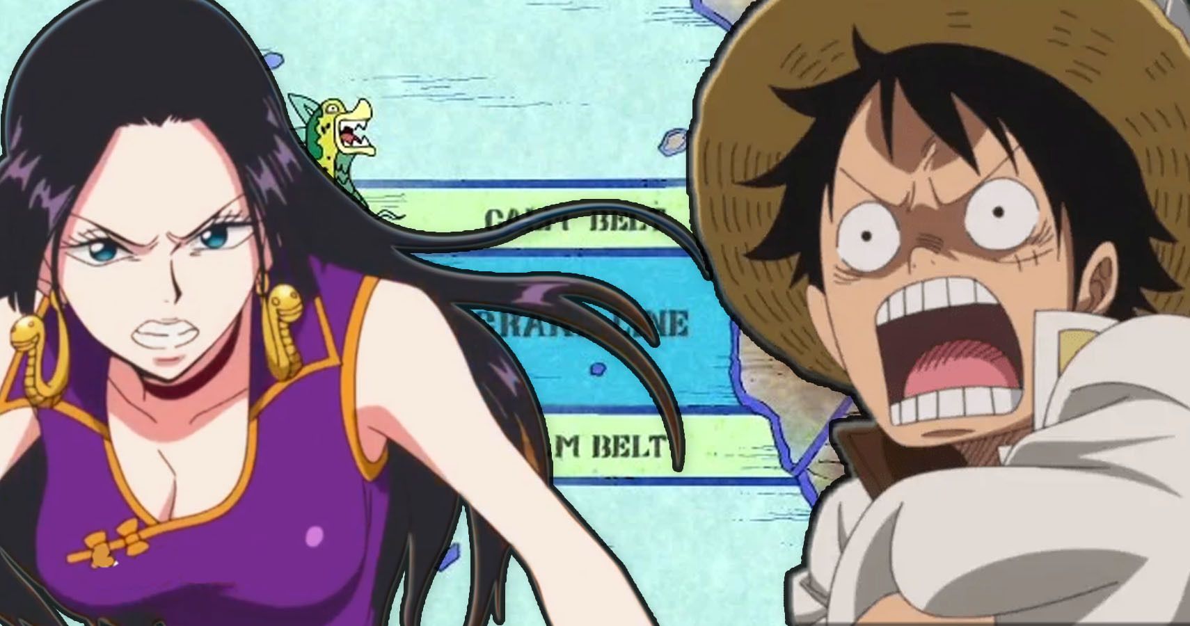 Boa Hancock and Luffy against a backdrop of the Grand Line from One Piece