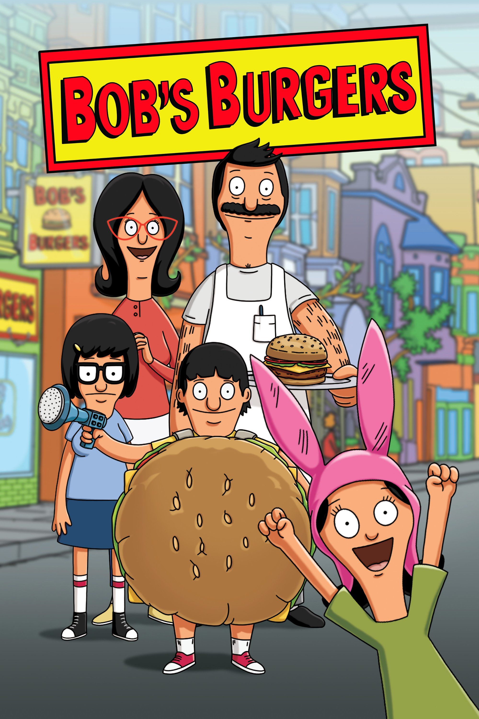 The main 5 characters with a burger in Bobs Burgers TV Show Poster