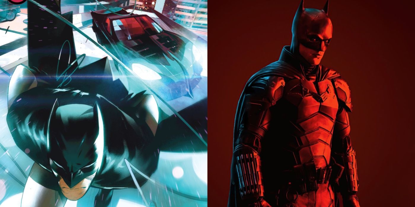 Split image of Batman in cover art for The Brave and the Bold comic and Robert Pattinson in The Batman.
