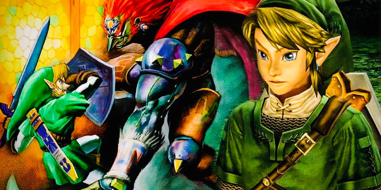 Link in the Legend of Zelda ocarina of time fighting ganondorf while twilight Princess Link looks on