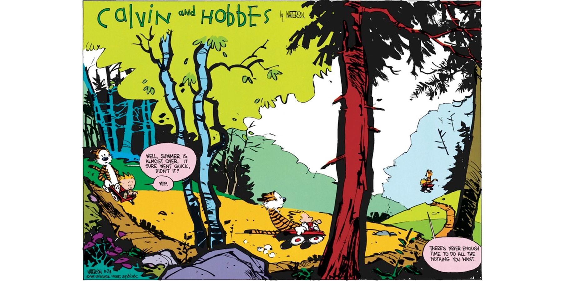 Calvin and Hobbes riding in a wagon and lamenting the end of summer