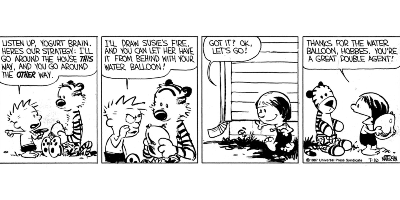 Calvin e Hobbes brigam de balão d'água contra Susie